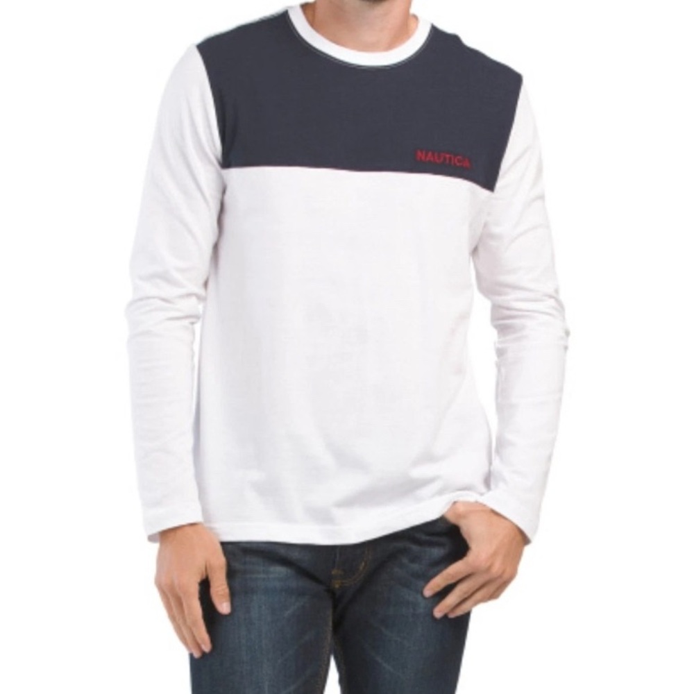 Nautica Men's Navy and White Long Sleeve Tee Size Large NWT
